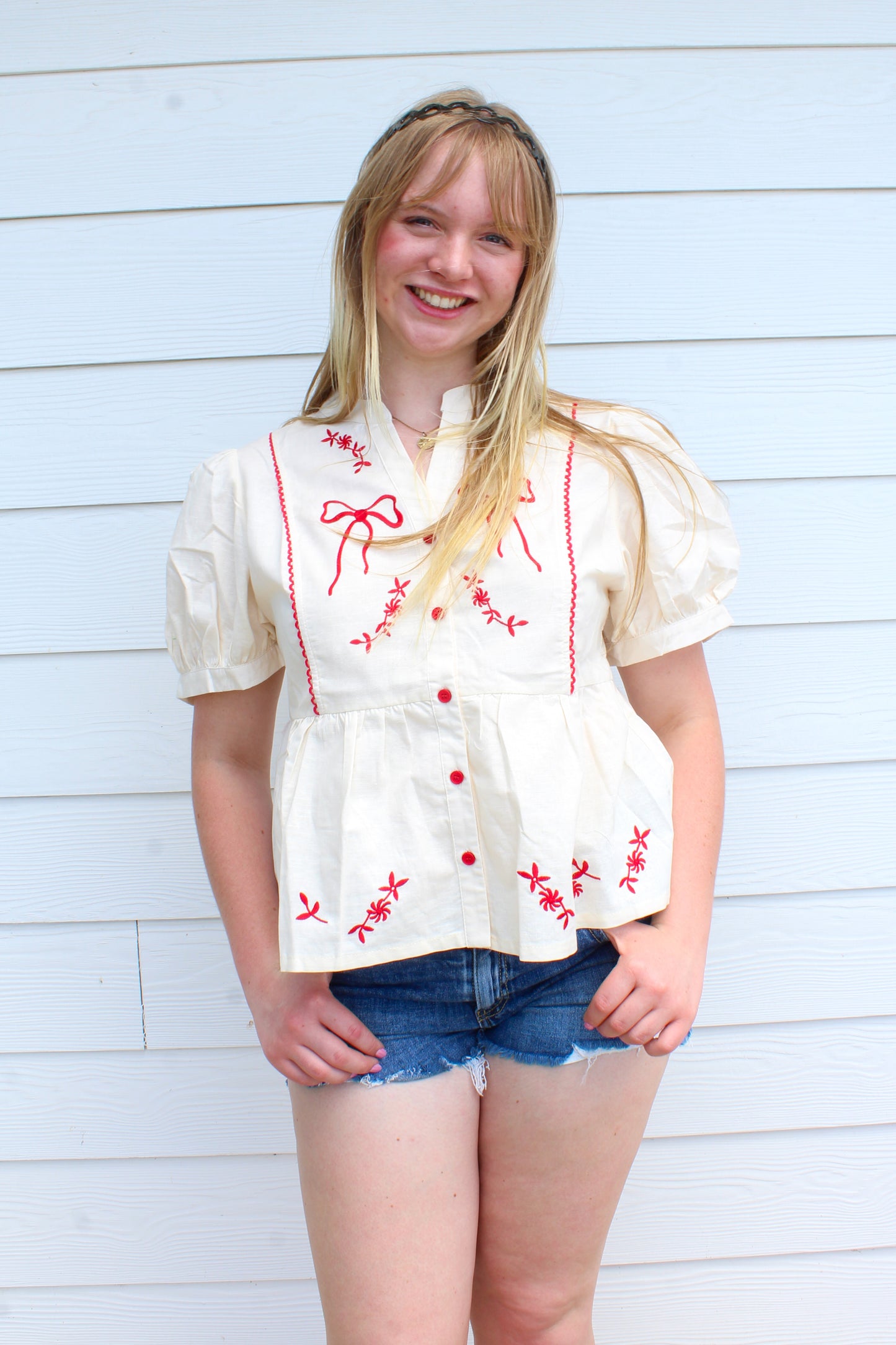 Red, White, and Cute Top - Cream