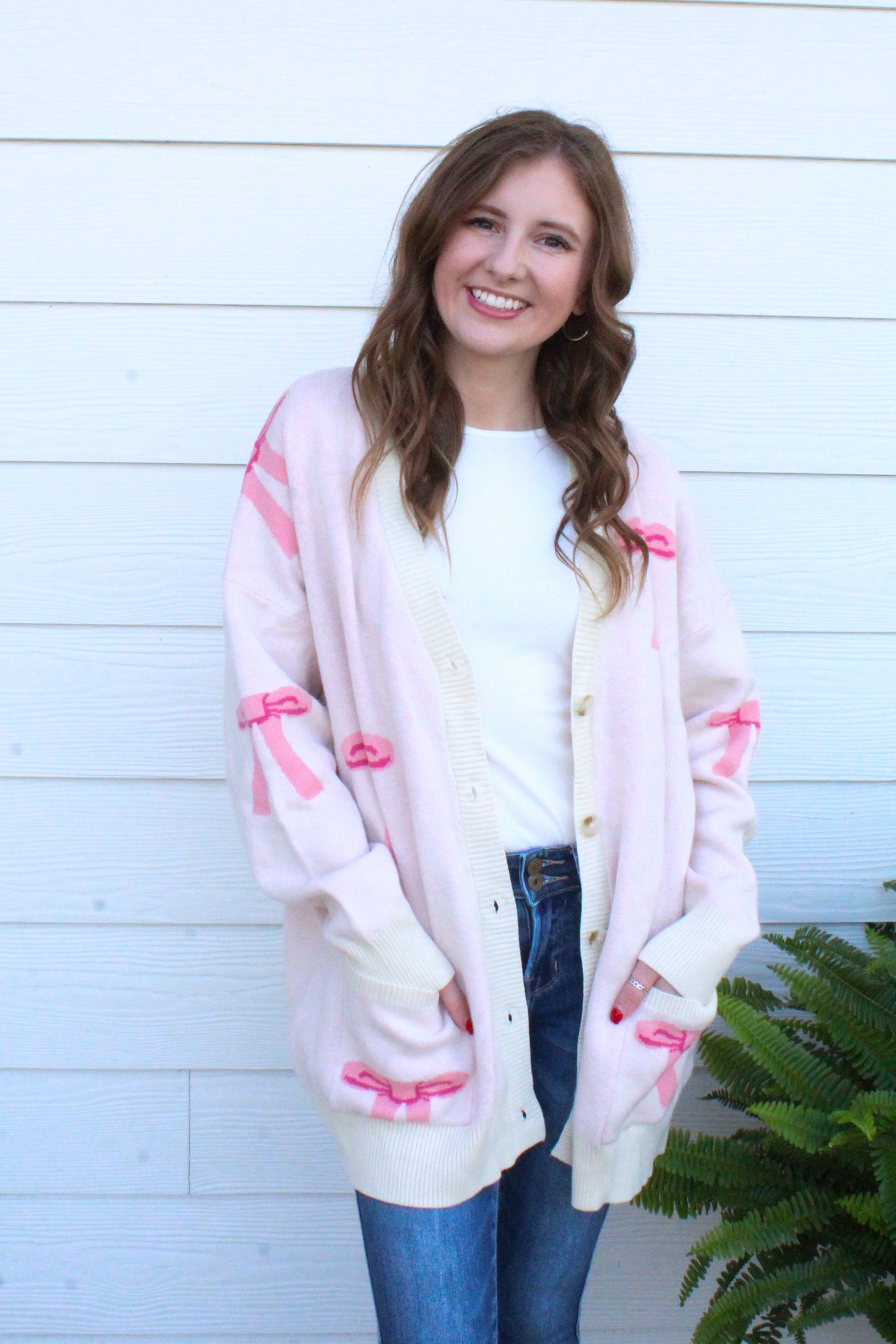 Better With A Bow Cardigan - Cream & Pink