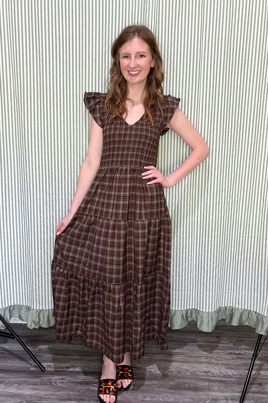 Checked In Maxi Dress - Brown