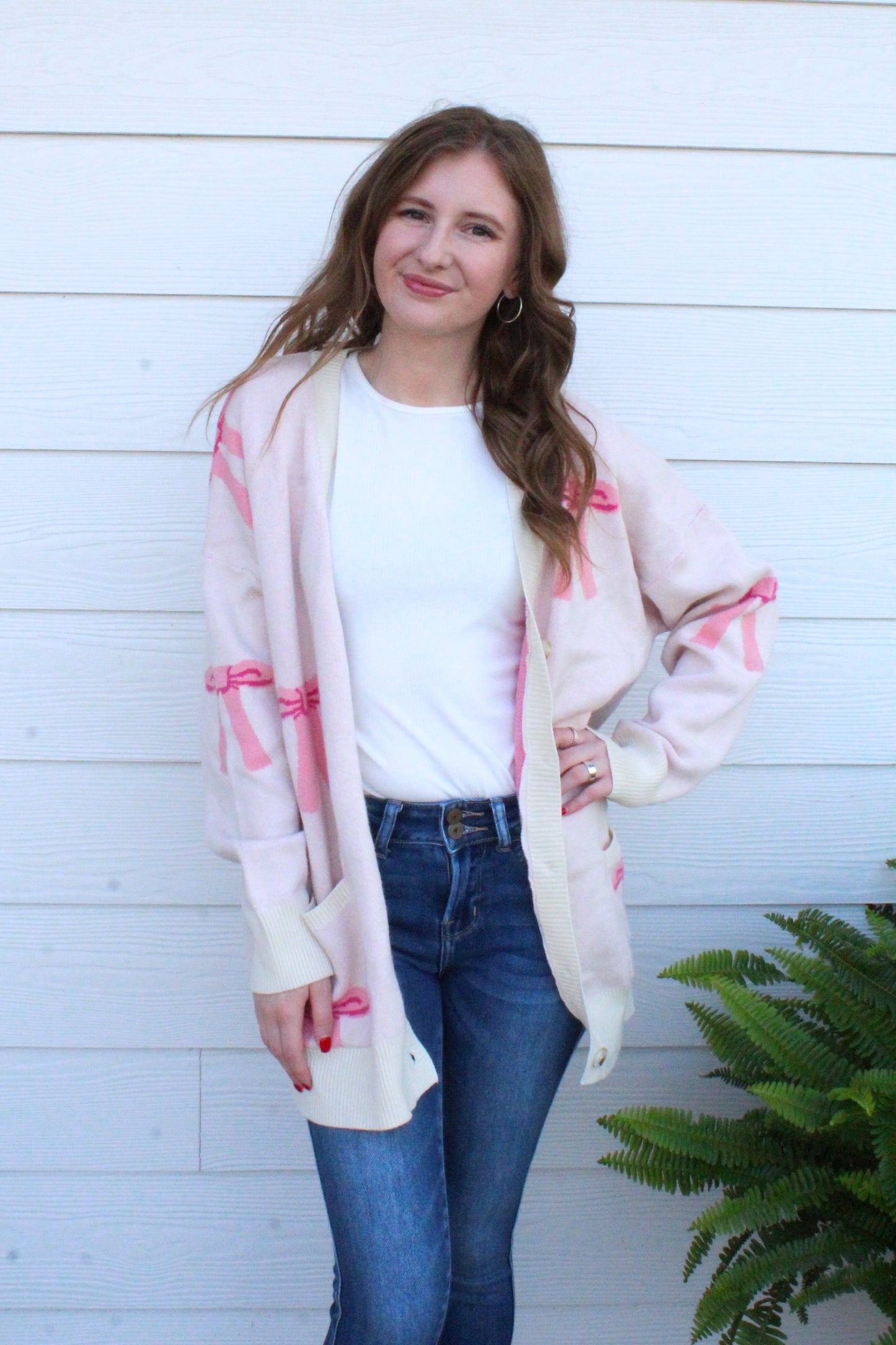 Better With A Bow Cardigan - Cream & Pink