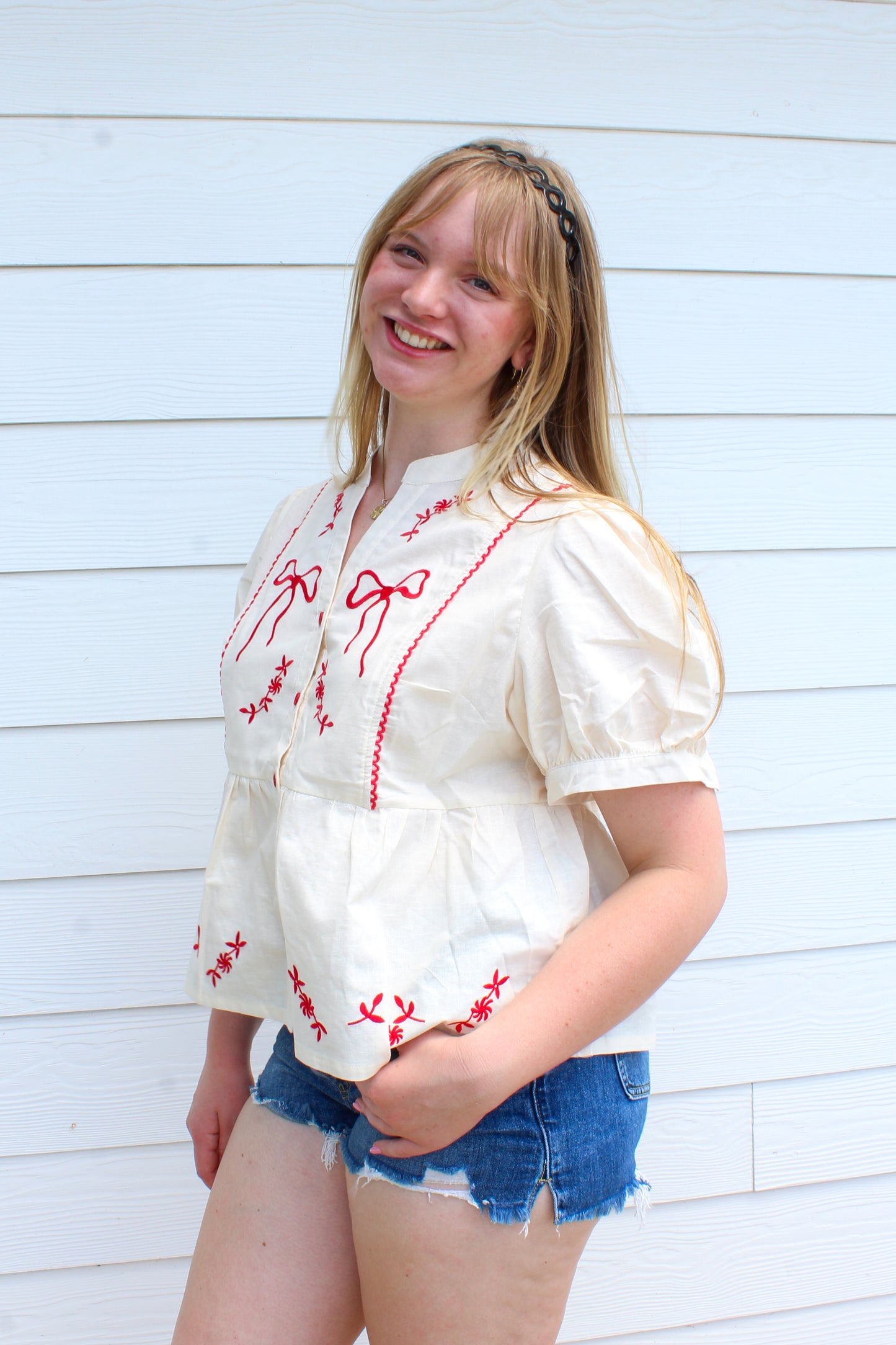 Red, White, and Cute Top - Cream