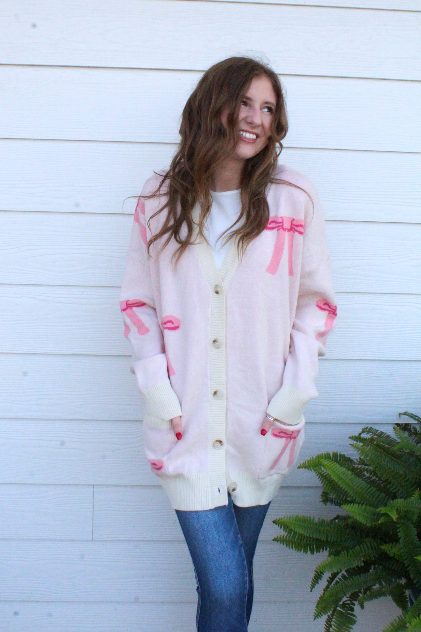 Better With A Bow Cardigan - Cream & Pink