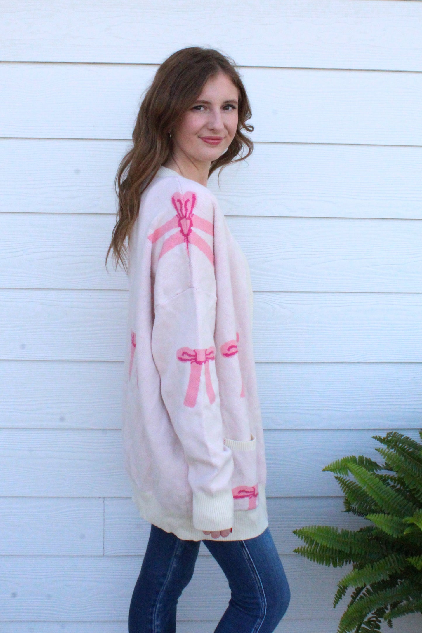 Better With A Bow Cardigan - Cream & Pink