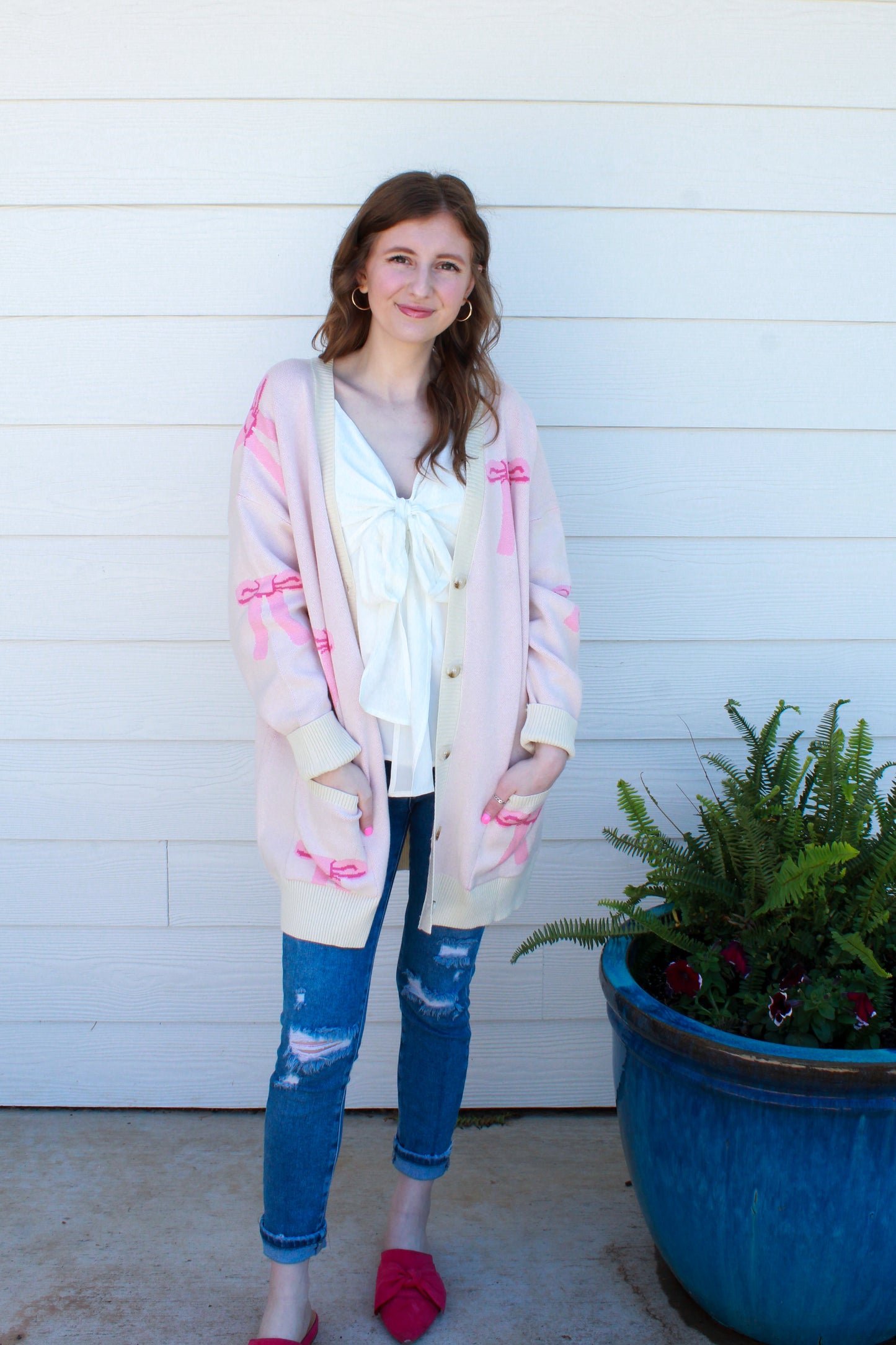 Better With A Bow Cardigan - Cream & Pink