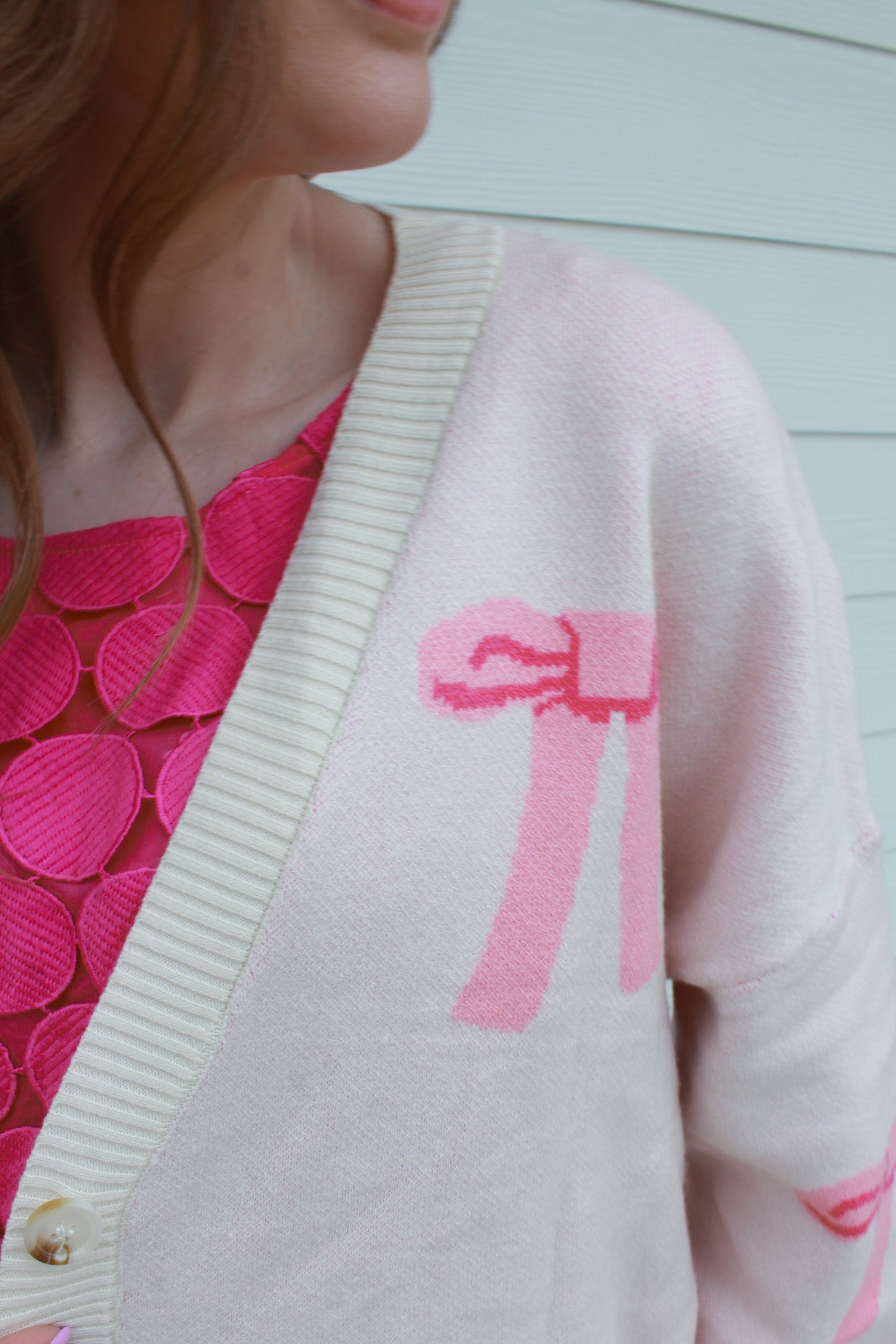 Better With A Bow Cardigan - Cream & Pink