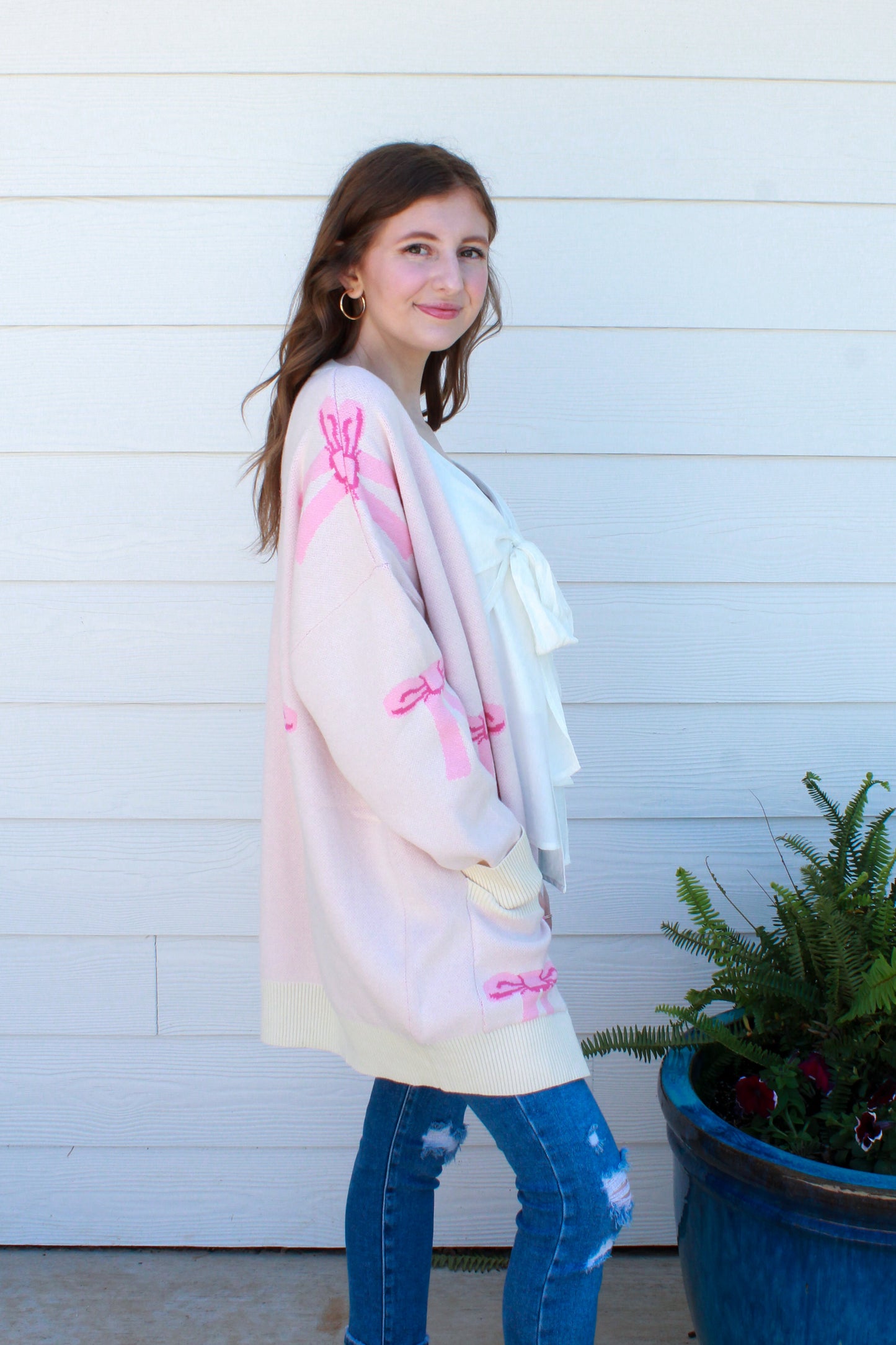 Better With A Bow Cardigan - Cream & Pink