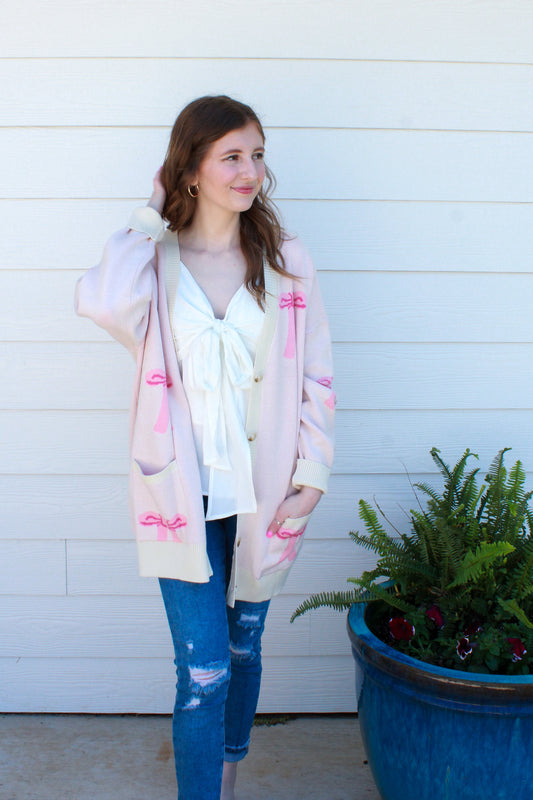 Better With A Bow Cardigan - Cream & Pink