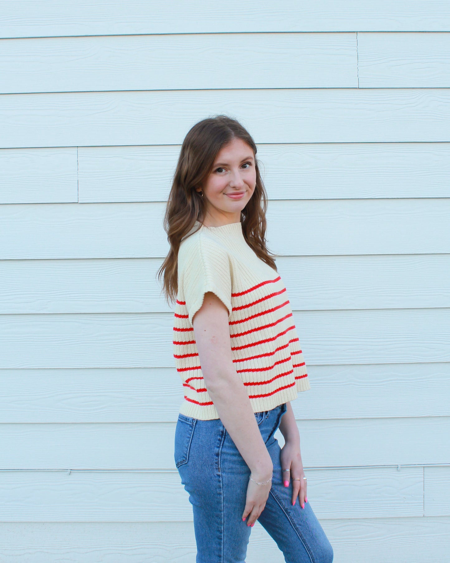 Casual Stroll Top - Cream & Red